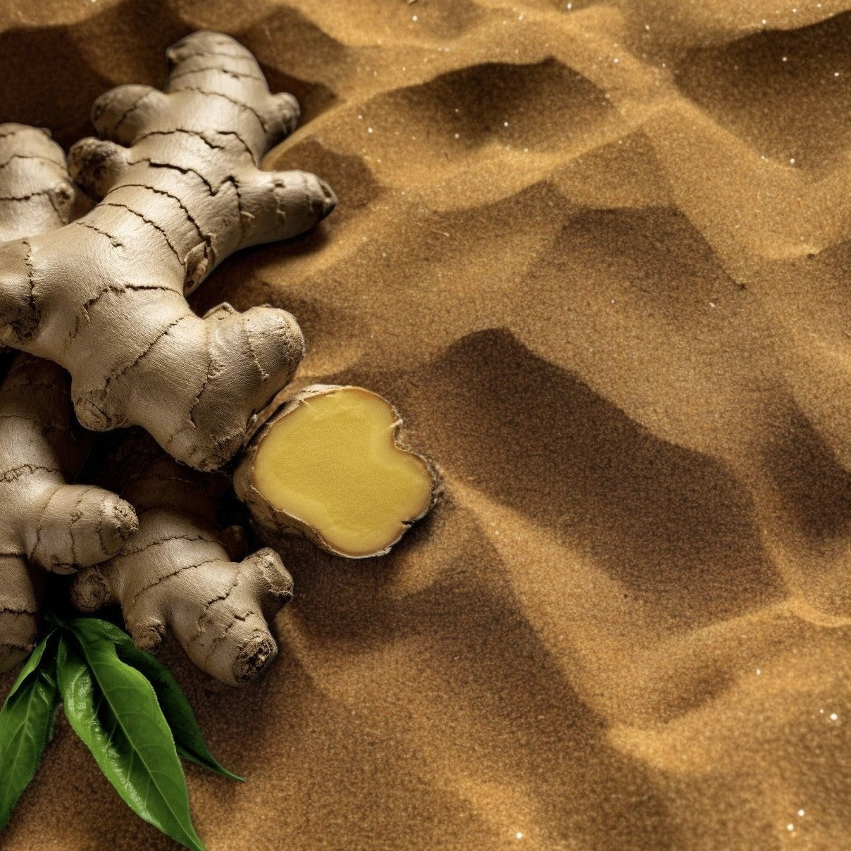 A ginger root sliced on beach sand